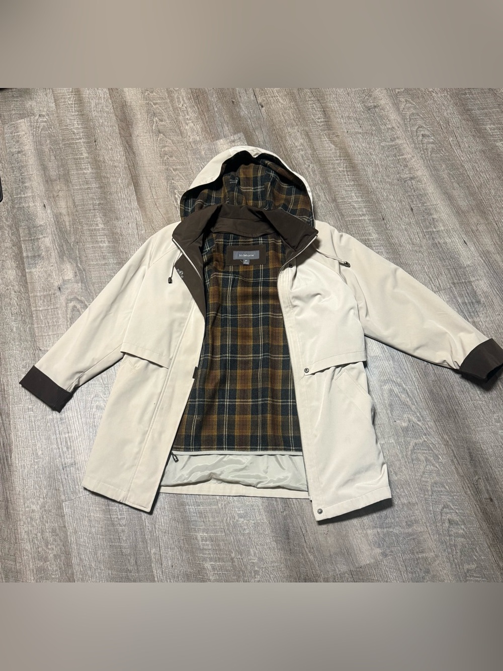 Liz Claiborne Cream Hooded Raincoat with Plaid Liner